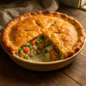 Golden chicken pot pie with a creamy herb filling and flaky crust