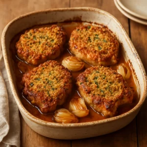 Golden baked pork chops with a crispy herb breadcrumb crust