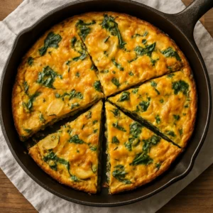 Golden farmhouse breakfast frittata with potatoes, spinach, and cheddar
