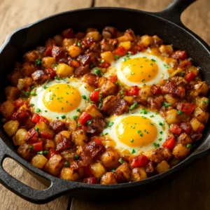 Rustic breakfast skillet with potatoes, bacon, eggs, cheddar, and chives
