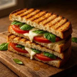 Golden tomato mozzarella panini with basil on rustic bread