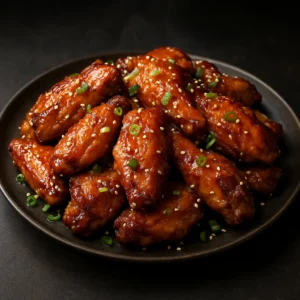 Golden baked chicken wings with a glossy Chinese five spice glaze, sesame seeds, and sliced scallions