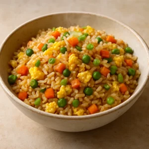 Five spice fried rice with eggs, peas, carrots, and scallions