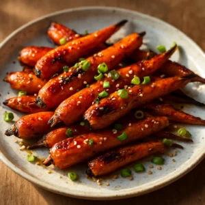 Roasted carrots with Chinese five spice glaze, scallions, and sesame seeds