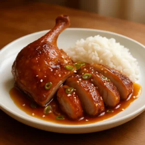 Crisp-skinned five spice roasted duck with orange glaze and scallions