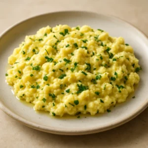 Fluffy herb scrambled eggs with chives and parsley on a ceramic plate