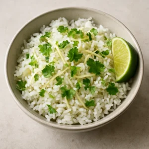 Bowl of fragrant lemongrass rice with scallions, cilantro, and lime zest