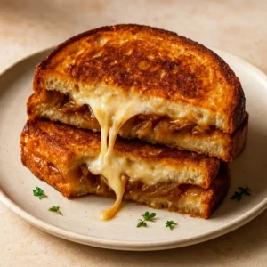 French onion grilled cheese with caramelized onions and melted Gruyère on golden sourdough