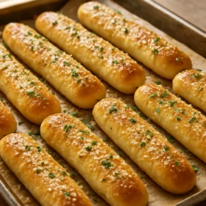 Golden garlic parmesan breadsticks brushed with garlic butter and Parmesan