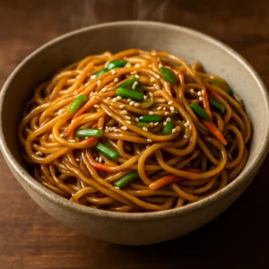 Glossy ginger garlic noodles topped with scallions, carrots, and sesame seeds
