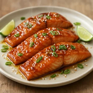 Glazed salmon fillets finished with green onions, sesame seeds, and lime wedges
