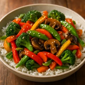 Ginger vegetable stir fry with broccoli, bell peppers, snap peas, mushrooms, and jasmine rice