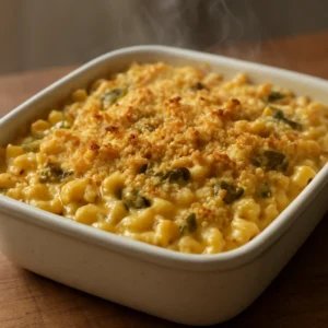 Baked green chile mac and cheese with golden breadcrumb topping