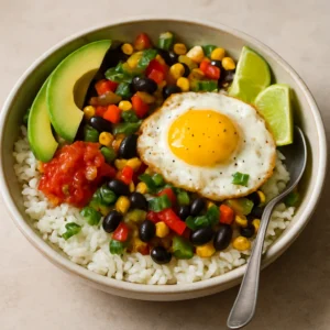 Green chile rice bowl with rice, black beans, peppers, avocado, cilantro, salsa, and a fried egg