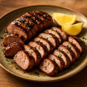 Sliced flame-grilled pork tenderloin with citrus and herbs