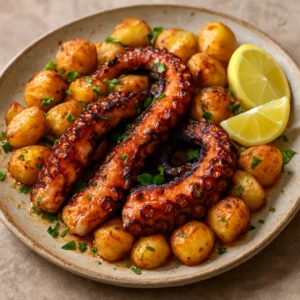 Grilled Spanish octopus with golden potatoes, parsley, lemon, and smoky paprika