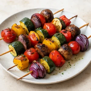 Grilled vegetable kabobs with zucchini, peppers, mushrooms, onion, and tomatoes finished with peri peri oil