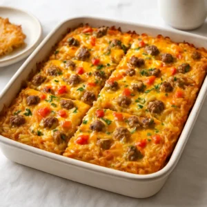 Golden hash brown breakfast bake with sausage, cheddar, and chives on a serving plate