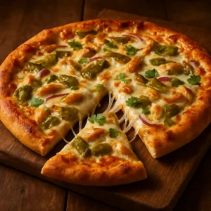 Hatch chile chicken pizza with roasted green chiles, chicken, mozzarella, and cilantro