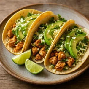 Finished hatch chile chicken tacos with cabbage, avocado, cotija, cilantro, and lime wedges