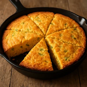 Golden skillet hatch chile cornbread with cheddar and green chiles