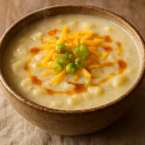 Creamy Hatch chile potato soup finished with olive oil, cheddar, and scallions