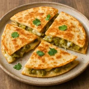 Golden hatch chile quesadillas sliced into wedges with melted cheese and roasted green chile filling