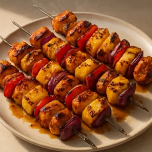 Grilled Hawaiian chicken kabobs with pineapple, bell peppers, and red onion on a platter