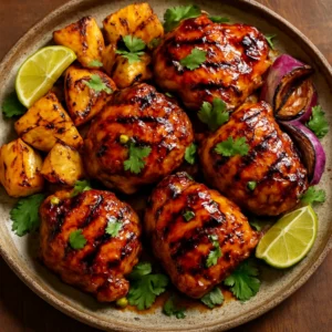 Grilled Hawaiian chicken with pineapple, red onion, cilantro, and lime wedges