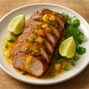 Sliced Hawaiian pork tenderloin with pineapple glaze, lime, green onions, and cilantro