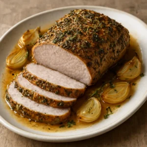 Sliced herb-crusted pork loin finished with Scarborough Fair Infused Olive Oil