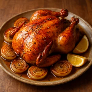 Herb roasted chicken with golden skin, roasted onions, and lemon wedges on a serving platter