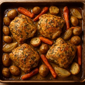 Herb roasted chicken with potatoes, carrots, and onions on a sheet pan