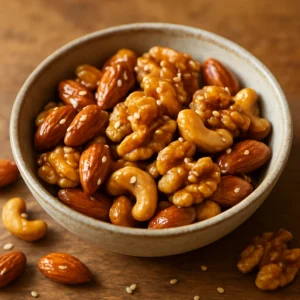A bowl of honey roasted nuts glazed with five spice seasoning