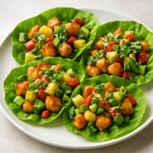 Island chicken lettuce wraps with pineapple, avocado, and crisp butter lettuce