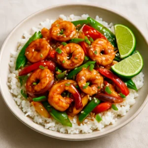 Shrimp stir fry with bell peppers, snap peas, and jasmine rice