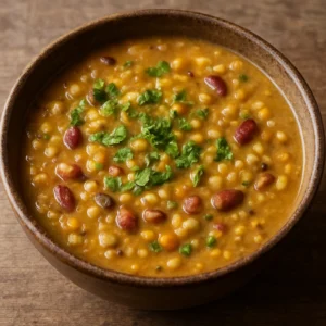 Bowl of Kwati-style Nepali mixed bean soup with herbs and a drizzle of olive oil