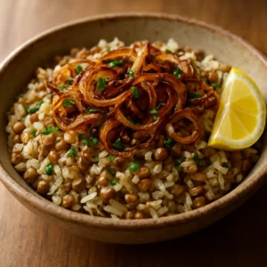 Lebanese mujadara with caramelized onions and parsley