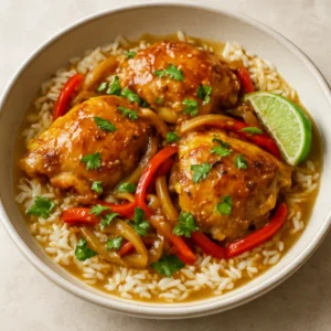 Lemongrass ginger chicken served over jasmine rice with lime and herbs