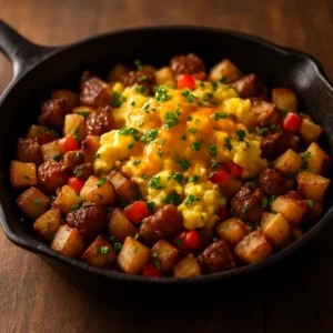 Loaded breakfast skillet with potatoes, sausage, eggs, and melted cheddar