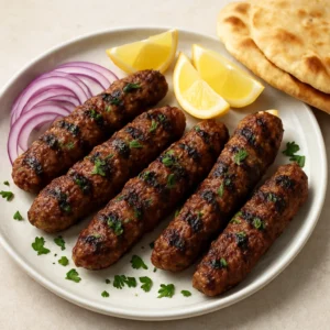 Grilled Middle Eastern kofta kebabs with parsley, lemon, and pita