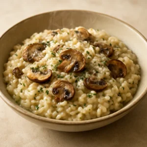 Creamy mushroom risotto finished with herbs and Parmesan in a shallow bowl
