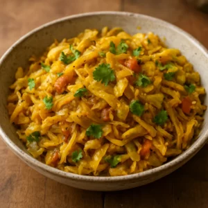 A bowl of Nepali spiced cabbage tarkari with warm spices and cilantro