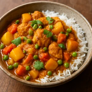 Nepali chicken tarkari served over basmati rice with potatoes, carrots, peas, and cilantro