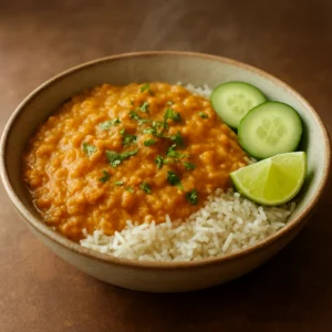 Nepali dal bhat lentils served over rice with cucumber and lime