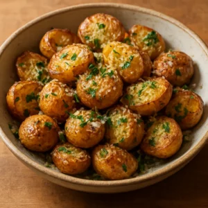 Golden roasted potatoes tossed with Parmesan, parsley, garlic, and lemon zest