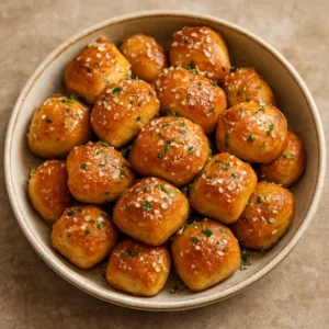 Golden parmesan pretzel bites brushed with savory popcorn infused olive oil blend and finished with parsley