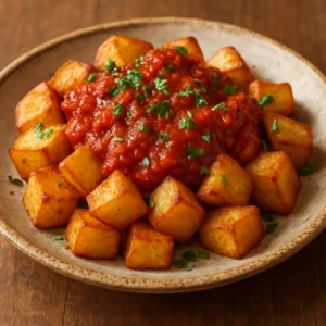 Crispy patatas bravas topped with smoky tomato sauce and parsley