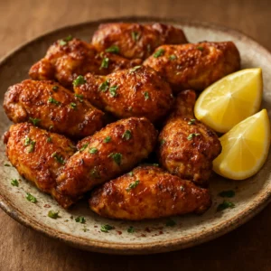 Crispy peri peri chicken wings with lemon wedges and parsley