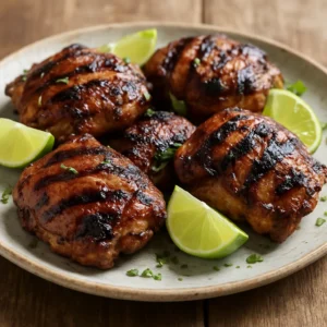 Grilled peri peri chicken thighs with lime wedges on a rustic platter